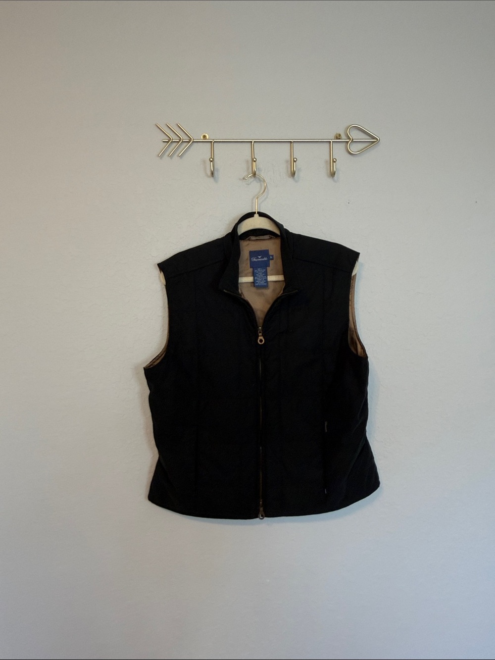 Faconnable Black Quilted Zip-Front Vest with Tan Trim XL